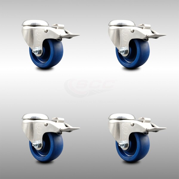 3 Inch 316SS Solid Polyurethane Swivel Bolt Hole Caster Set with Lock Brake SCC